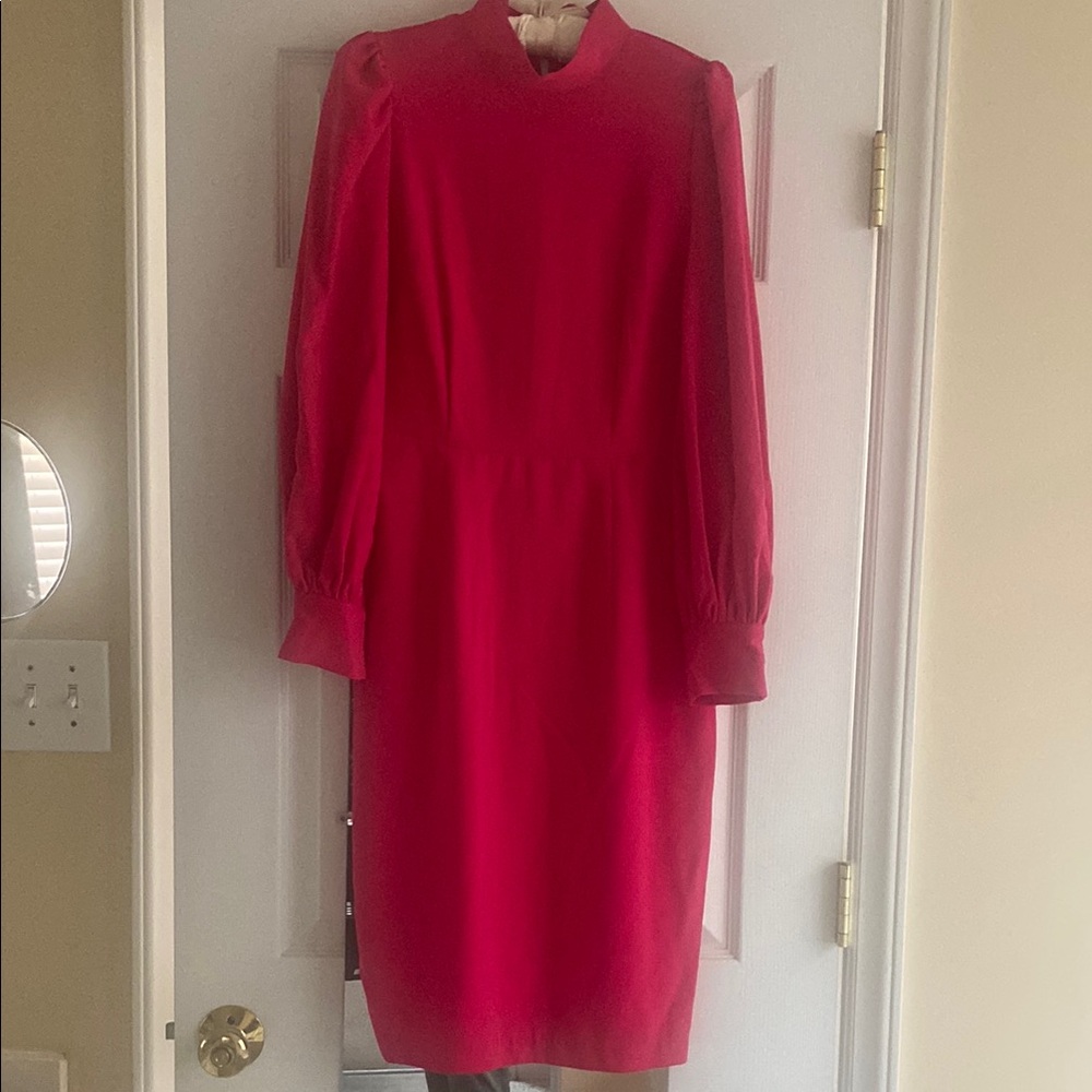 Dark Pink or Fushia Sheath Dress with Mandarin Collar and Bishop Sleeves